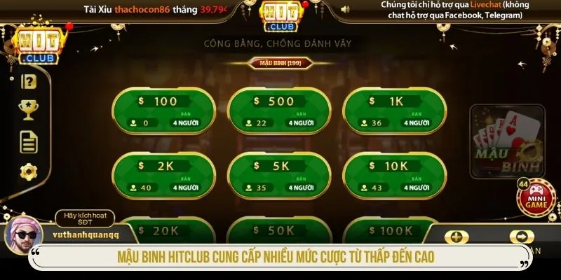 Mậu binh HITCLUB cung cấp nhiều mức cược từ thấp đến cao